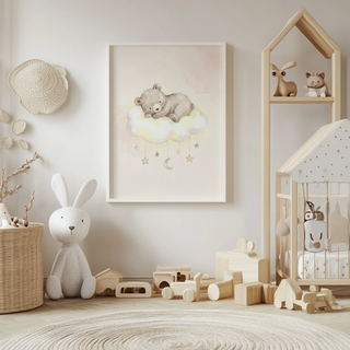 Minimal nursery print of a bear sleeping above star and moon mobiles