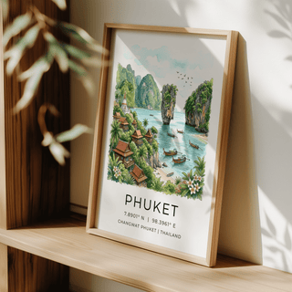 Thailand destination poster print with Phuket title, coordinates, and seascape