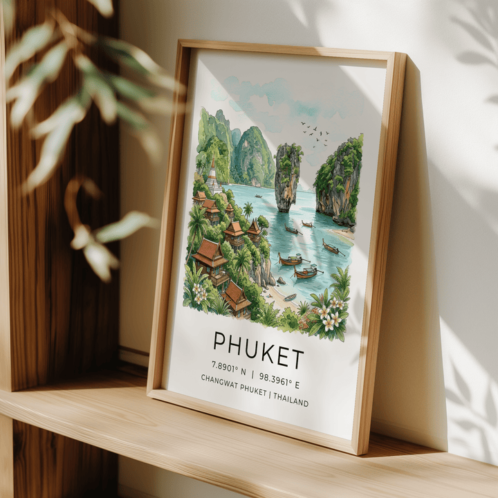 Print leaning on a shelf Phuket art print of a green and blue beach bay with boats and tropical plants beside a wooden wall