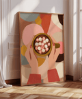 Hot Chocolate Wall Art in pink, beige, cozy living area, wall art