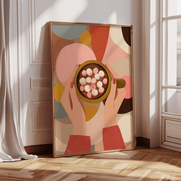 Hot Chocolate Wall Art in pink, beige, cozy living area, wall art