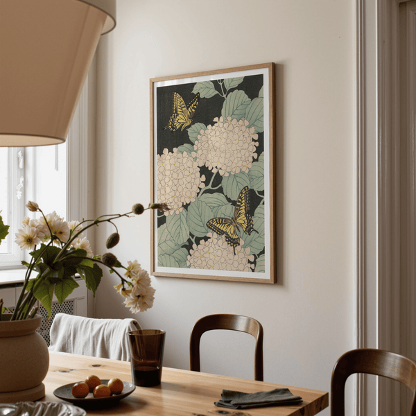 Butterfly Art Print wall art with beige hydrangeas, office decor