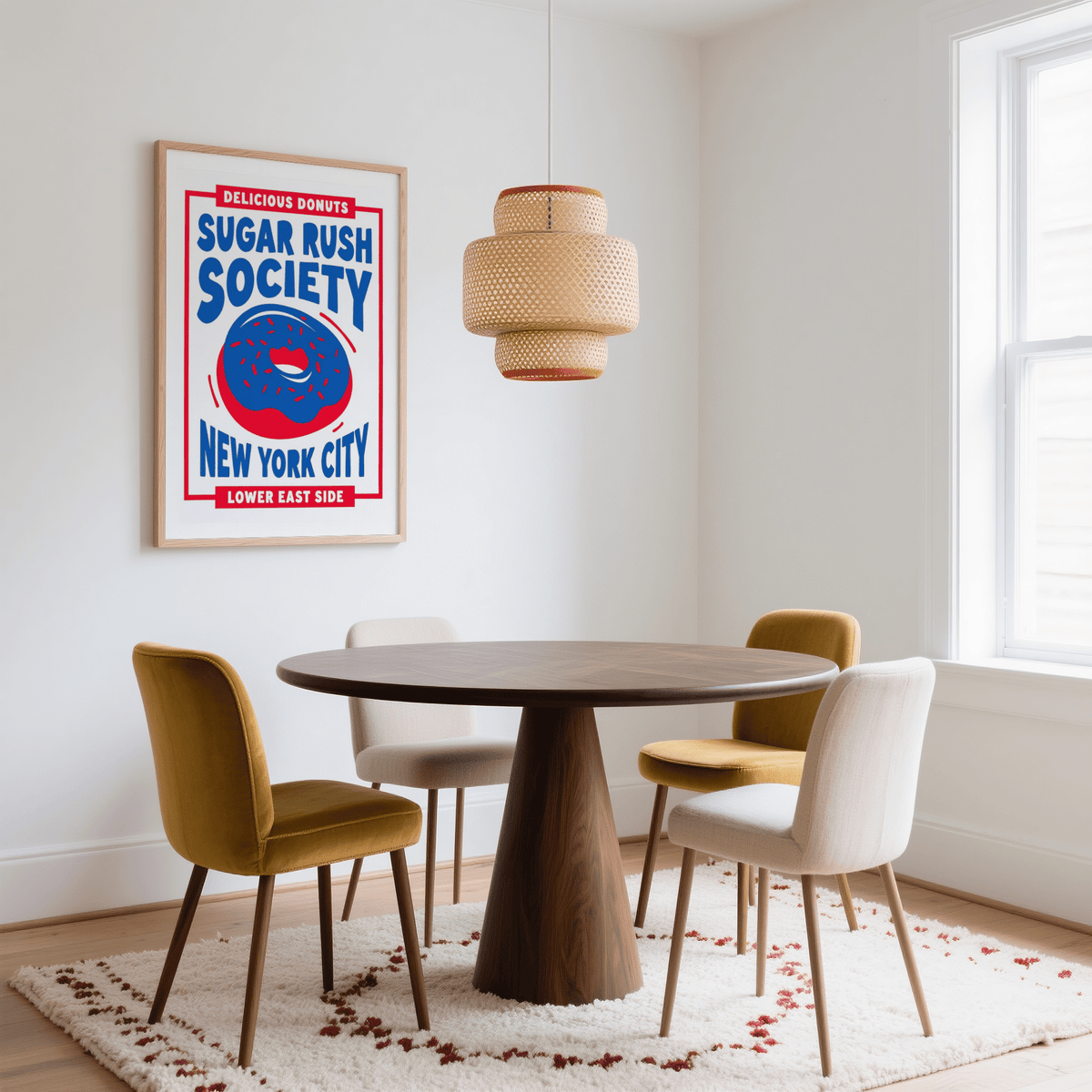 Donut Wall Art in bold red and blue for dining room wall artwork