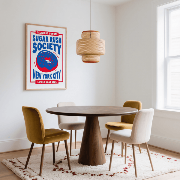 Donut Wall Art in bold red and blue for dining room wall artwork