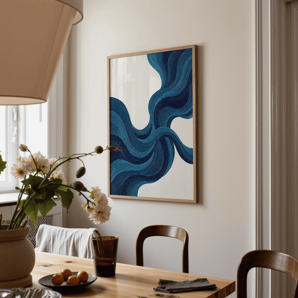 Blue Line Wall Art print for dining room wall, blue beige colors