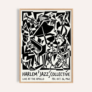 Harlem Jazz Print poster featuring angular jazz band silhouettes and concert typography