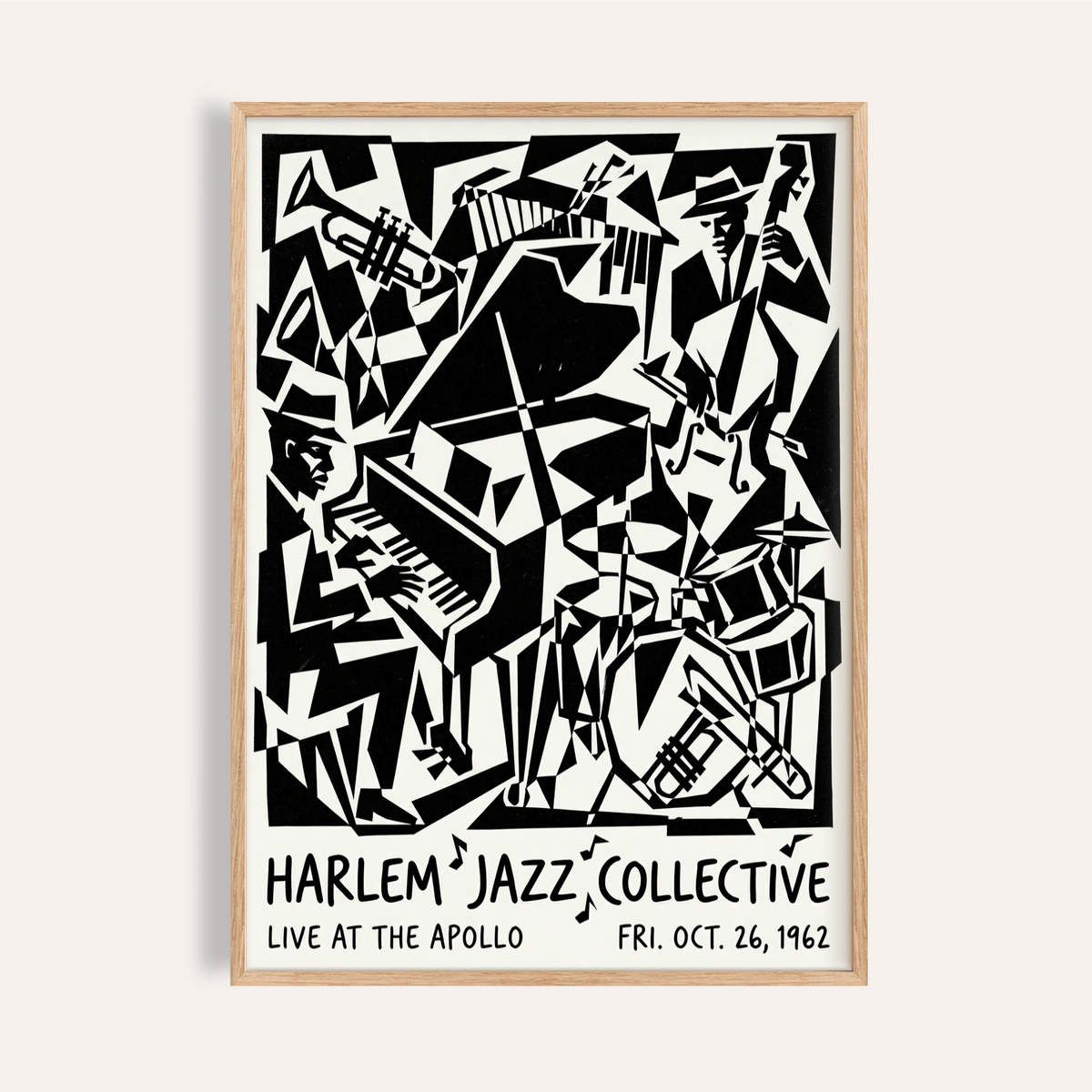 Harlem Jazz Print poster featuring angular jazz band silhouettes and concert typography