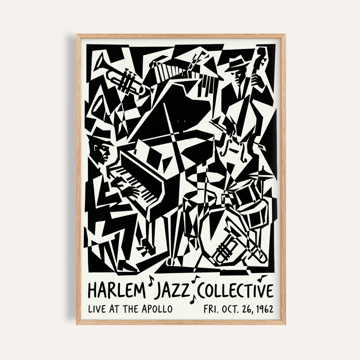 Harlem Jazz Print poster featuring angular jazz band silhouettes and concert typography