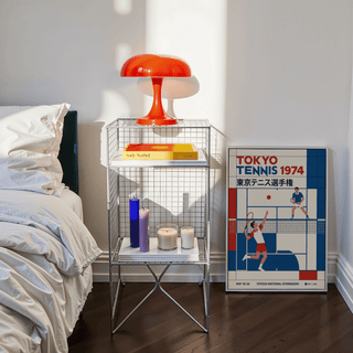Graphic sports poster featuring geometric court lines and arcing ball