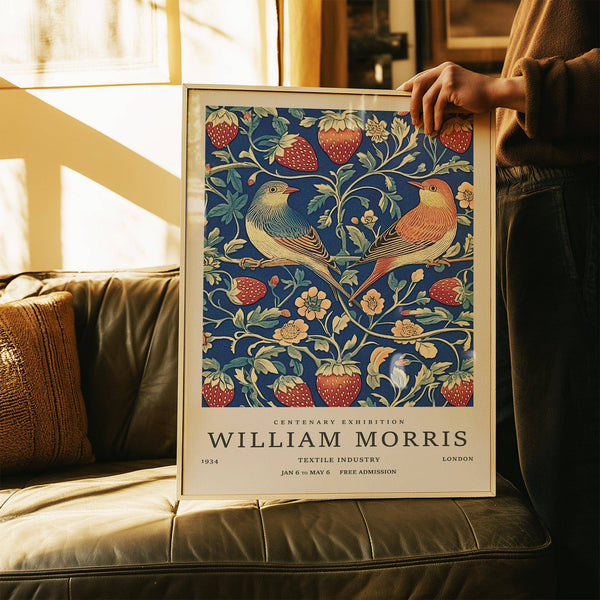 Red strawberries and perched birds in blue vintage wall art print