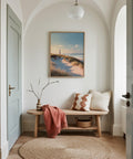 Nautical lighthouse wall art with ocean, dunes, and textured sandy paths.