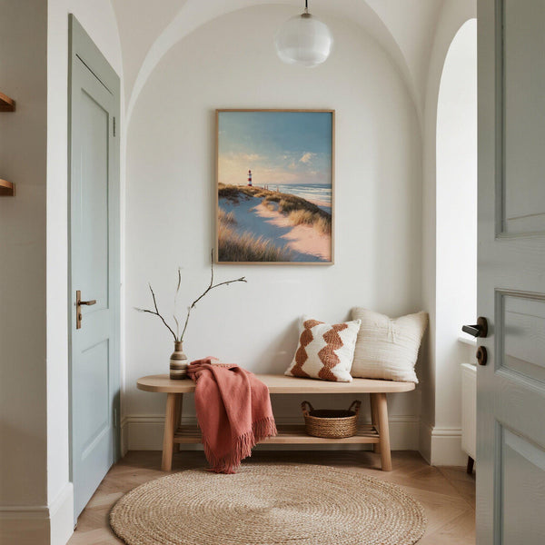 Nautical lighthouse wall art with ocean, dunes, and textured sandy paths.
