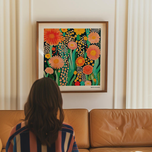 Modern floral wall art with Yayoi Kusama style dots and vibrant flower motifs.