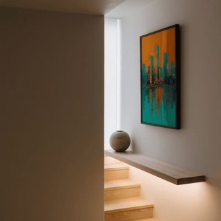 Modern Skyline Poster featuring teal and orange for bedroom wall art print