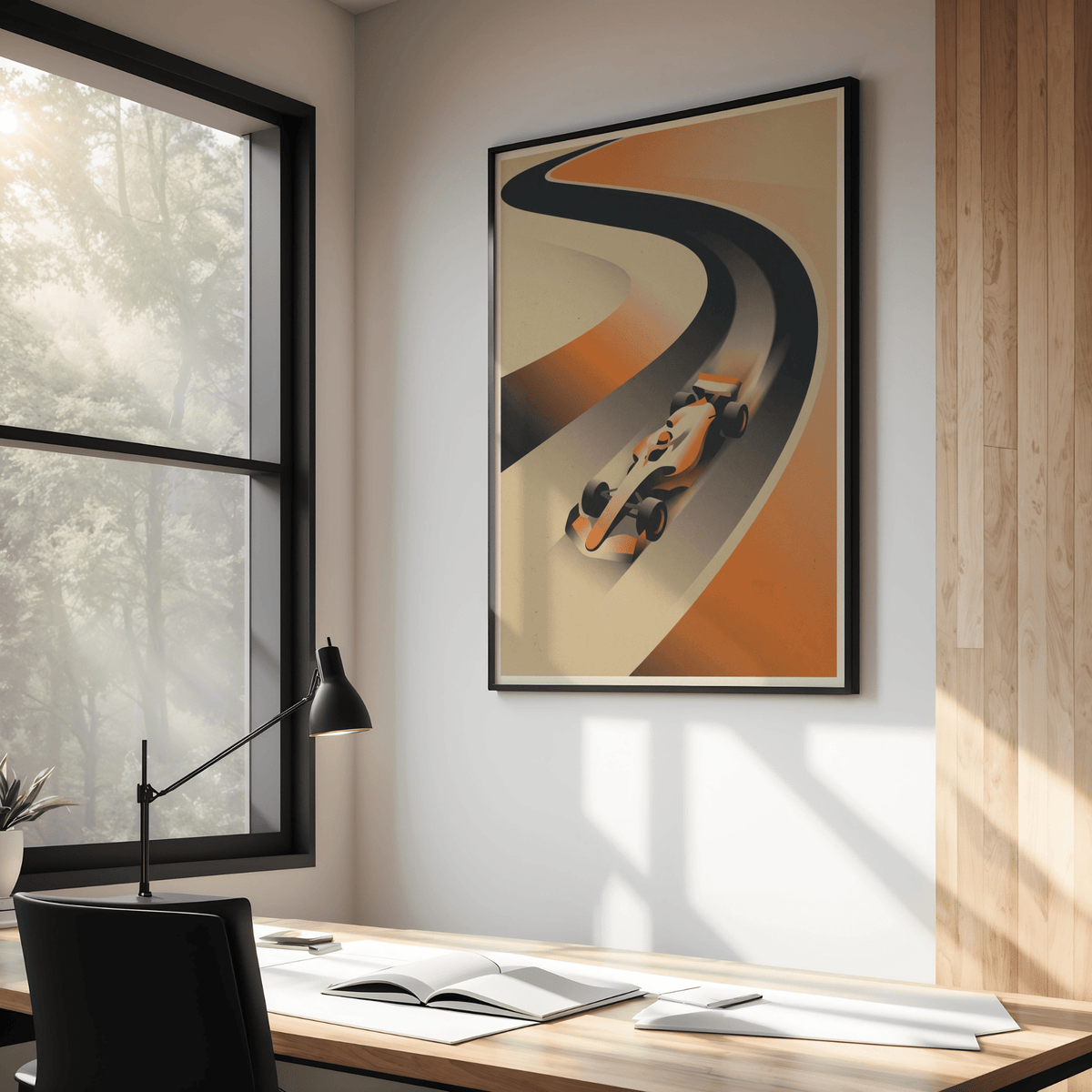 Minimal racing poster print showing one open-wheel car drifting through a long bend