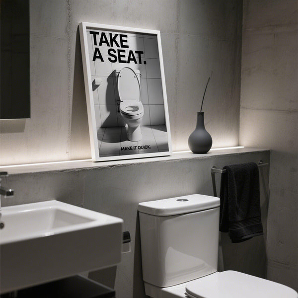 Graphic humor print with white toilet—perfect funny bathroom art.