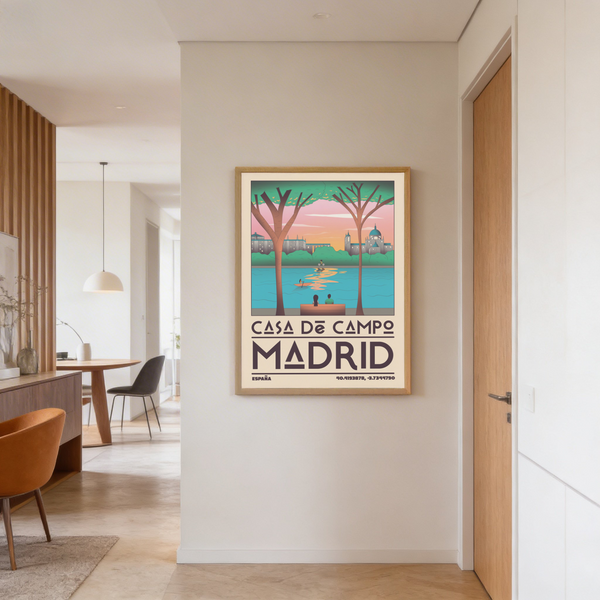 Rowboat on the lake in Madrid travel wall art poster illustration