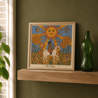 Illustrated tarot wall art print showing a radiant sun face above a rider on a white spotted horse