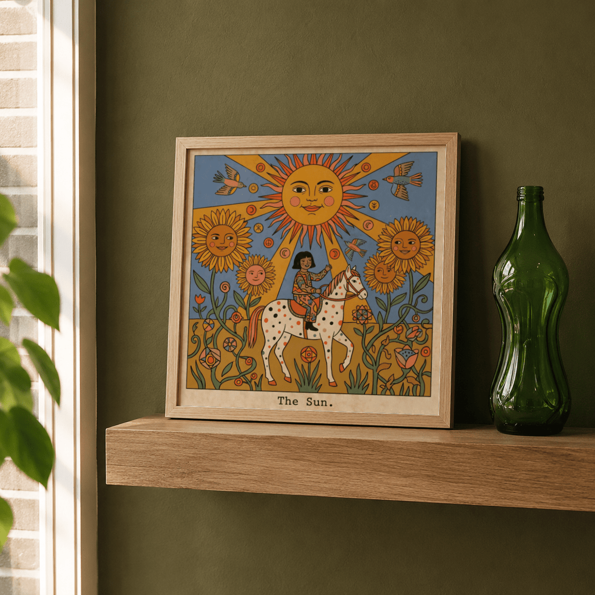 Illustrated tarot wall art print showing a radiant sun face above a rider on a white spotted horse