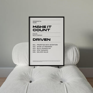 Bold wall art piece with productivity quotes for modern office decor.