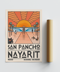 San Pancho Nayarit Print poster with ocean horizon, pier, and bold place name text