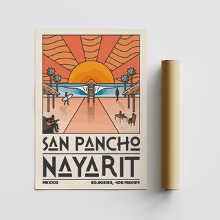 San Pancho Nayarit Print poster with ocean horizon, pier, and bold place name text