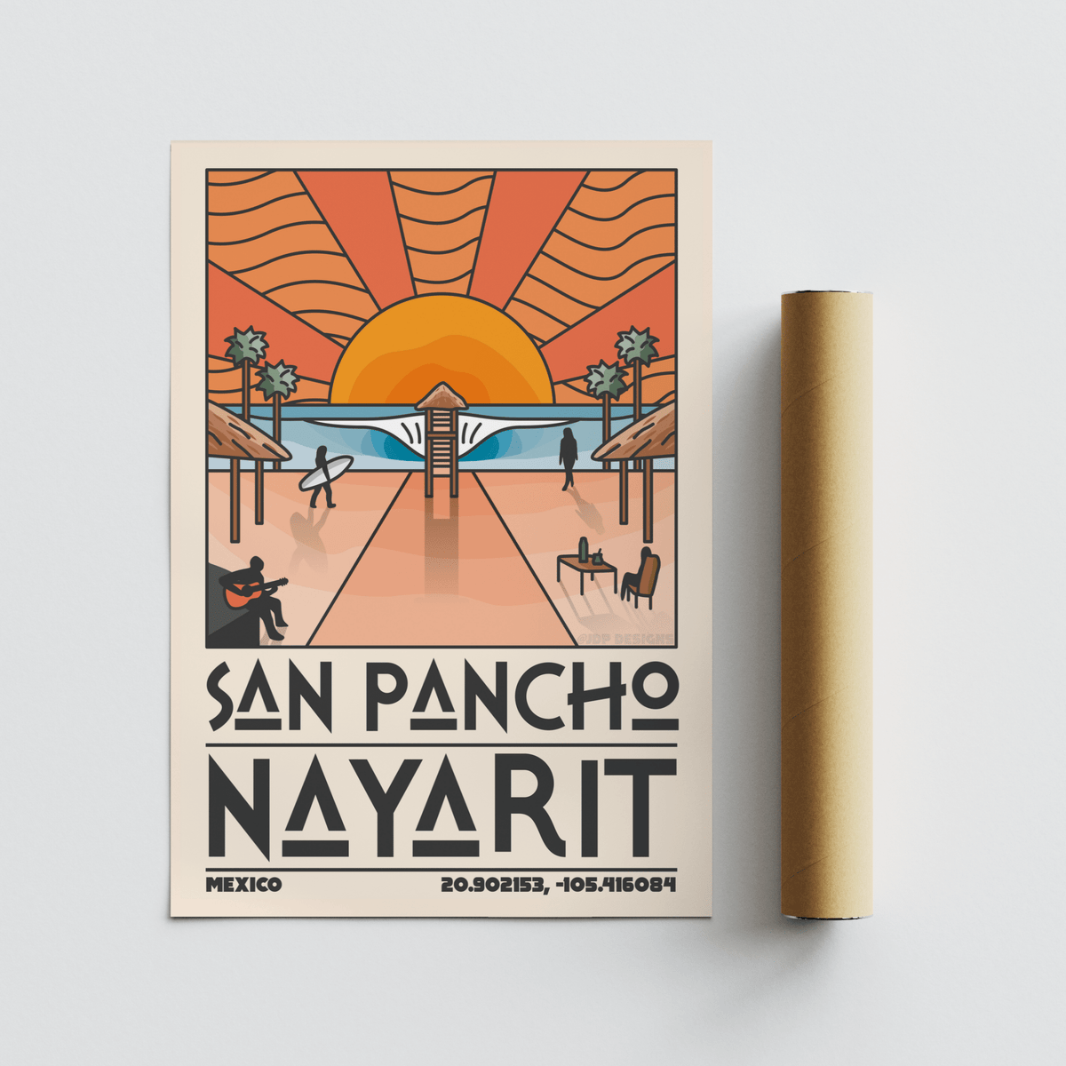 San Pancho Nayarit Print poster with ocean horizon, pier, and bold place name text