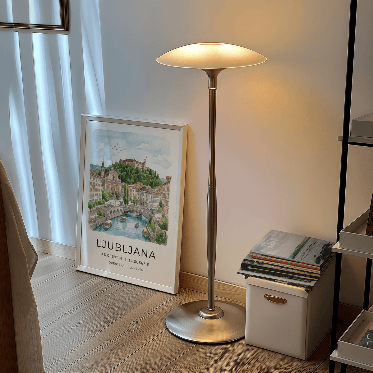 Urban river scene poster with Ljubljana skyline, castle hill, and birds in the sky