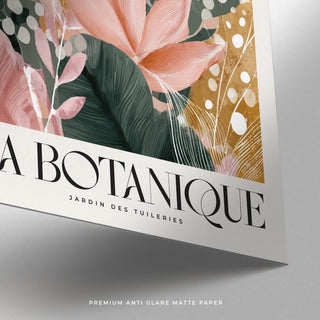 Pink flower prints with golden leaves and abstract dotted details