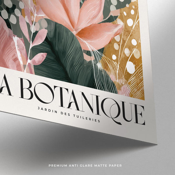 Pink flower prints with golden leaves and abstract dotted details