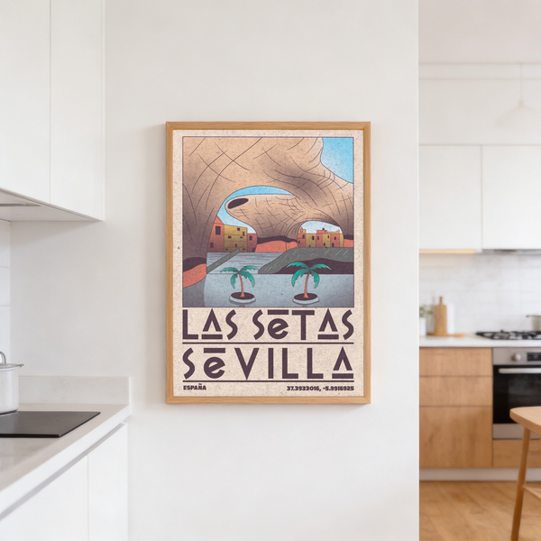 Sevilla coastal scene poster highlighting Green, Blue, Brown color palette