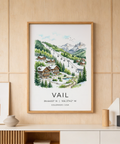 Vail Colorado Wall Art showing watercolor alpine town with mountain peaks
