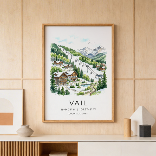Vail Colorado Wall Art showing watercolor alpine town with mountain peaks