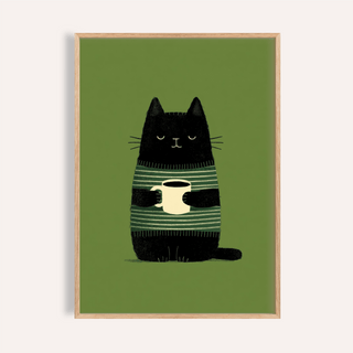 Framed Cat Coffee wall art of a black cat holding a white coffee cup on green background
