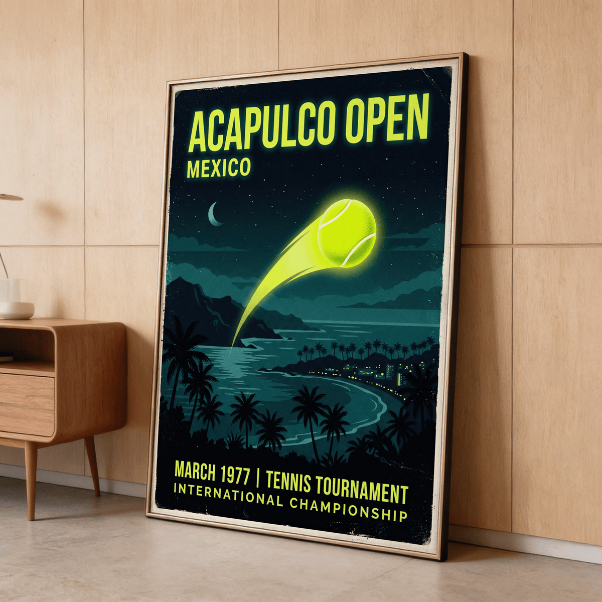 Typography-led Acapulco Open Tennis Art Print with March 1977 tennis tournament text