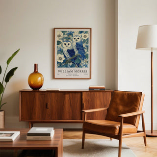Vintage Owl Print featuring classic botanical background in muted blue tones.