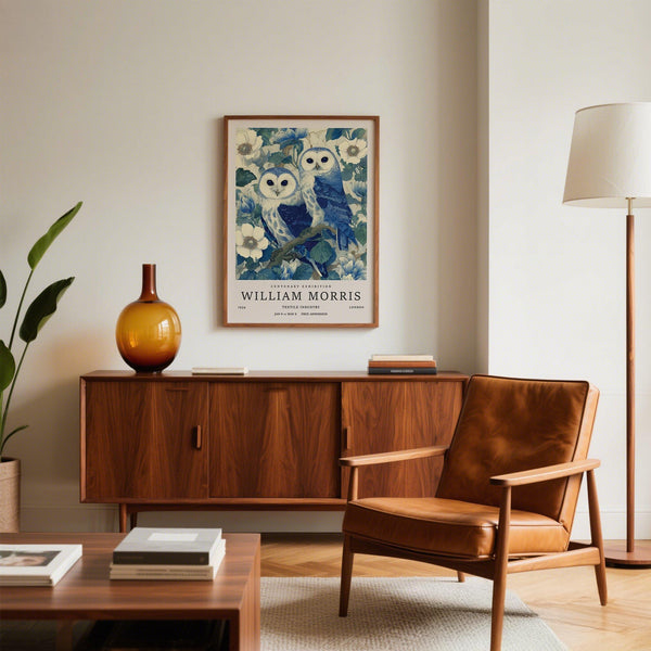 Vintage Owl Print featuring classic botanical background in muted blue tones.
