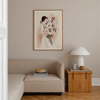 Minimal line portrait partly hidden by watercolor flowers