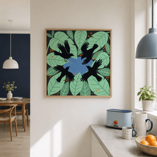 Botanical bird poster showing four flying crows around a central water pool with ripples