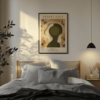 Aerial-view golf course wall art with layered shapes and grain texture