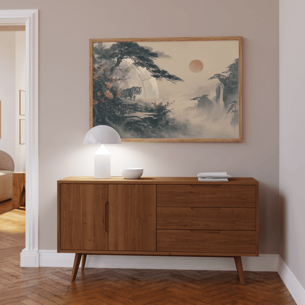 Asian Landscape Print, Red sun and Green foliage for meditation room decor