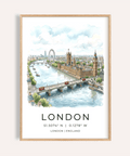 Watercolor London skyline poster showing River Thames and bridges