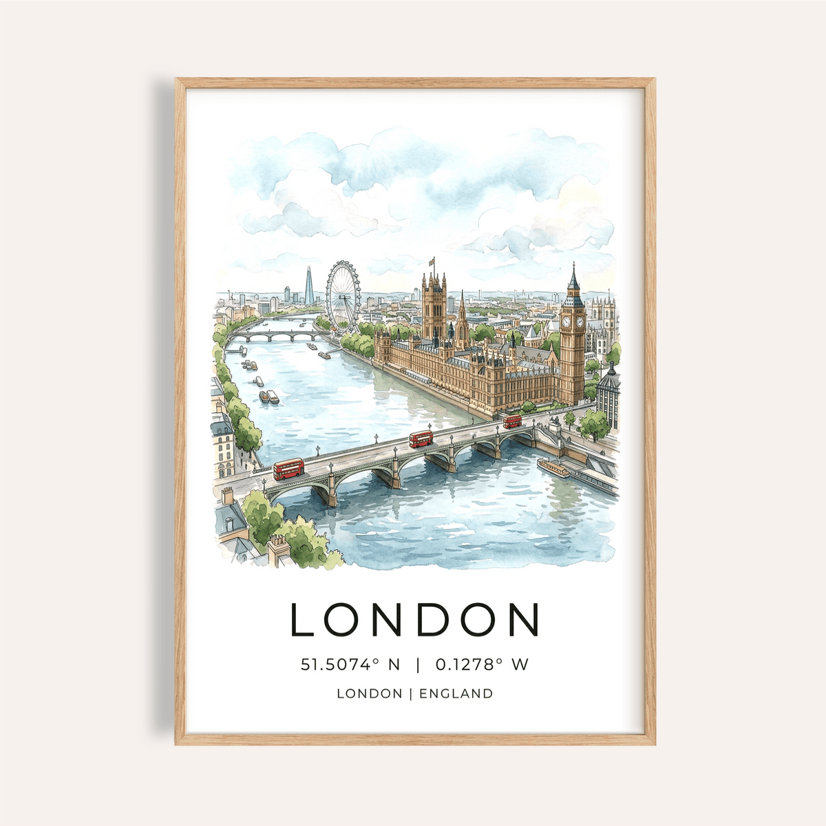 Watercolor London skyline poster showing River Thames and bridges
