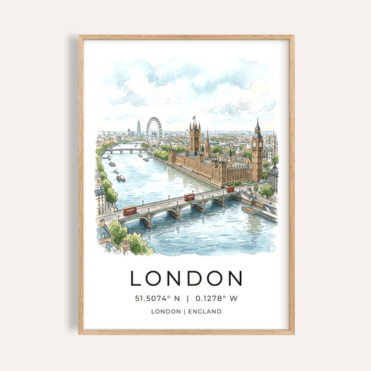 Watercolor London skyline poster showing River Thames and bridges