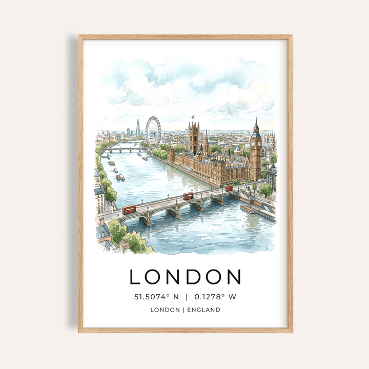 Watercolor London skyline poster showing River Thames and bridges