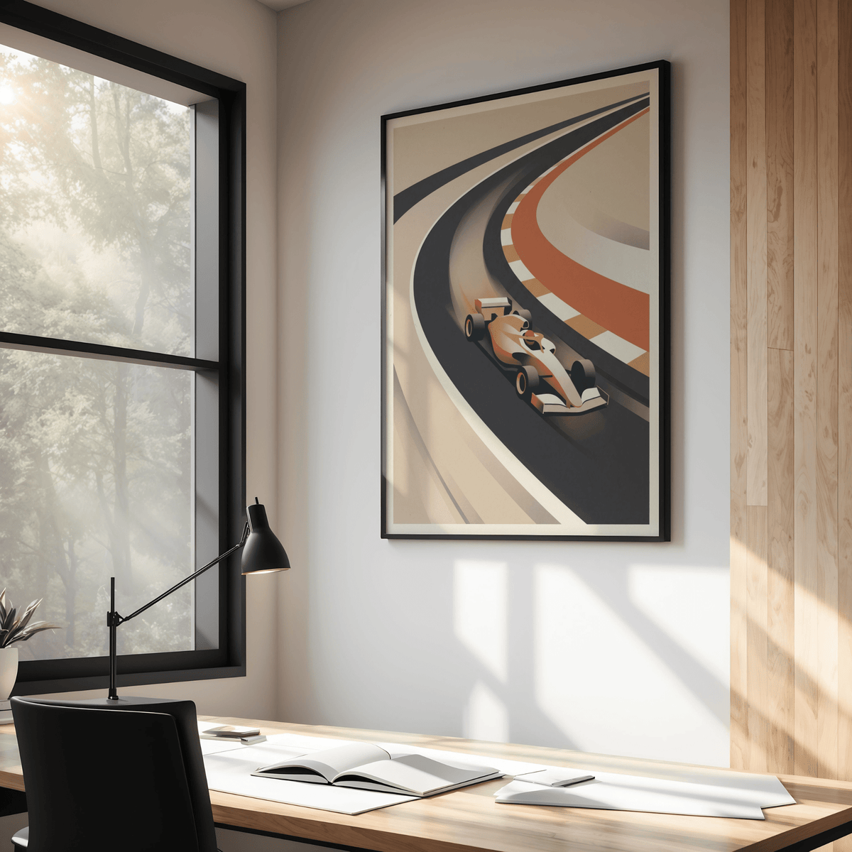 Depicting an open-wheel car on layered racetrack curves, Vintage Motorsport Poster wall art poster