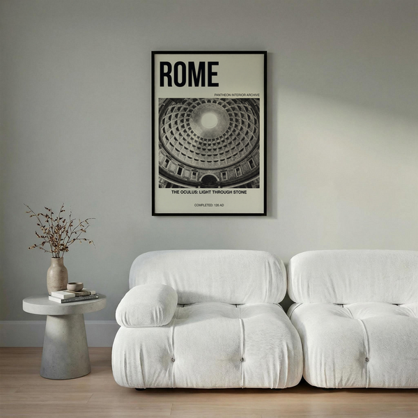 Minimal travel-style Rome poster print featuring Pantheon oculus and stone dome