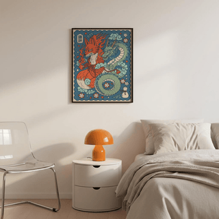 Graphic poster featuring a fox figure, flame shapes, and a serpent-like dragon