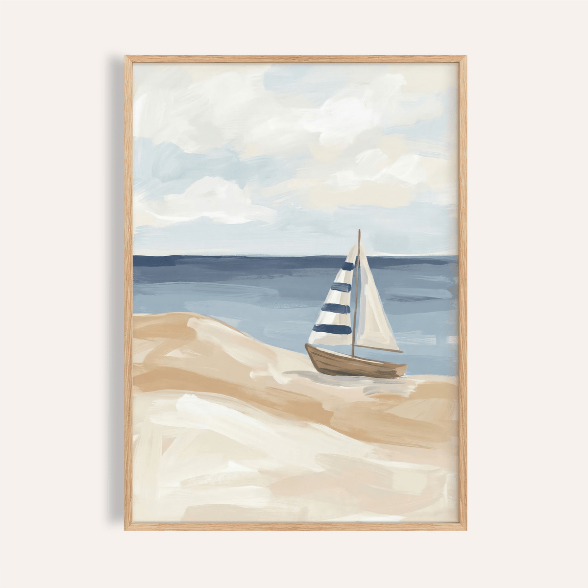 Beach Sailboat Wall Art in blue, white, and beige for living room poster