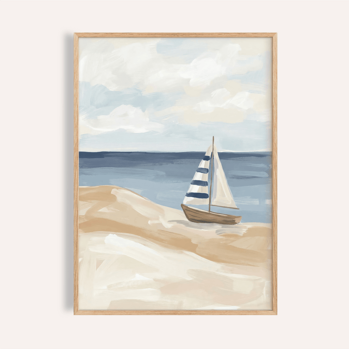 Beach Sailboat Wall Art in blue, white, and beige for living room poster